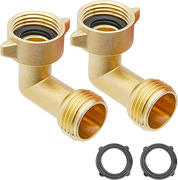 90-Degree Brass Garden Hose Elbow Connector (2-Pack) – 3/4" Heavy-Duty Hose Adapter with Extra Washers, Solid Brass Angled Fitting for RVs, Outdoor Faucets, Spigots & Lawn Irrigation