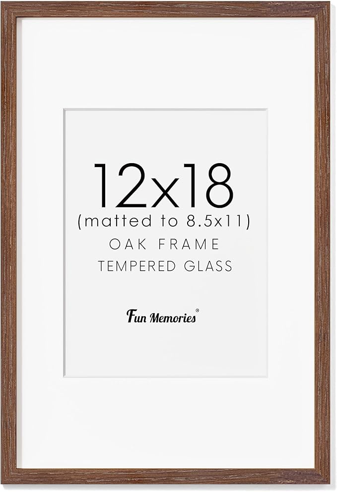 Fun Memories Solid Oak Wood Picture Frame 12"x18" for Wall - Tempered Real Glass, Matted to 8.5x11, Poster Frame (Walnut Color, 1 Pack)