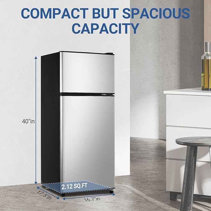 Dorm Fridge with Freezer, Small Refrigerator 3.6 Cu. Ft. with Freezer for Apartment, Temperature Adjustable Apartment Size Fridge for Kichen, College, RV, Office, Silver