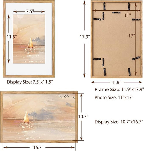 11x17 Picture Frame Set of 3, Solid Oak Wood Photo Frames 11"x17", 11 by 17 Poster Frames for Wall, 11 x 17 Frame with Mat for 8 x 12, Tempered Real Glass, 11x17 Inch Wood Frames (Oak Color, 3 Pack)