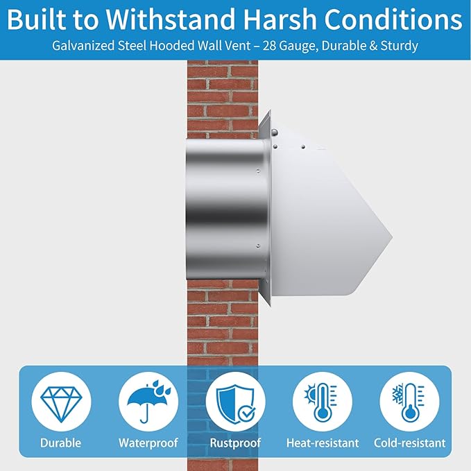 8 Inch Hooded Wall Vent with Screen and Damper,Wall Exhaust Vent Cover Cap,Dryer Vent Cover Outside,External Extractor Wall Vent Hood for House Kitchen Range Hood Air Ventilation White
