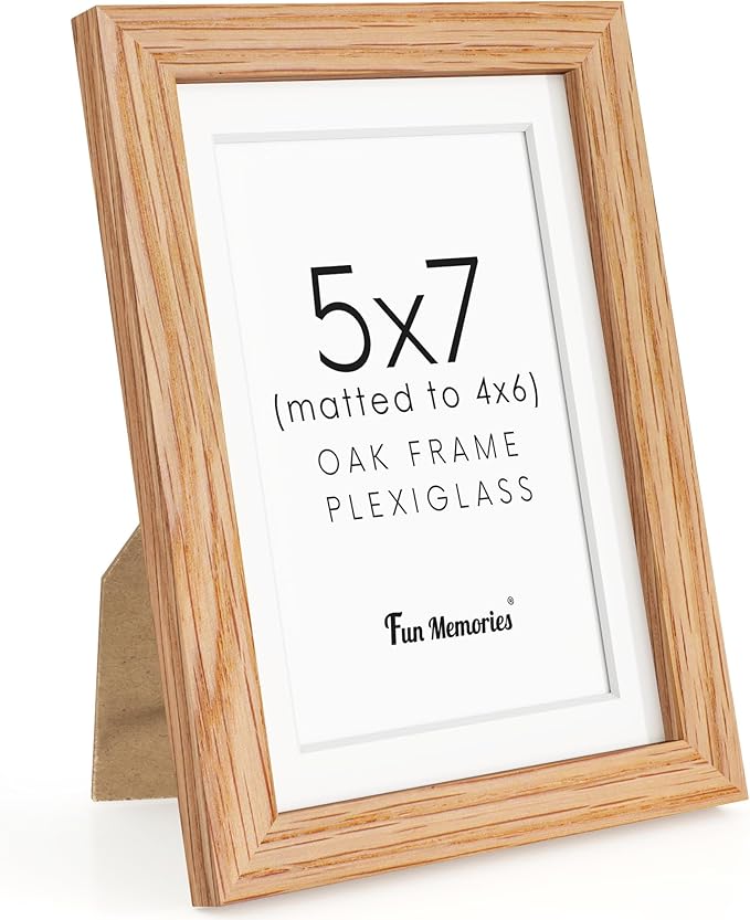 Fun Memories 5x7 Picture Frame, Solid Oak Wood 5 x 7 Frame with Plexiglass, 5 by 7 Photo Frame for Wall & Tabletop Display, 5x7 Picture Frame Matted to 4x6, Natural Oak Color, 1 Pack