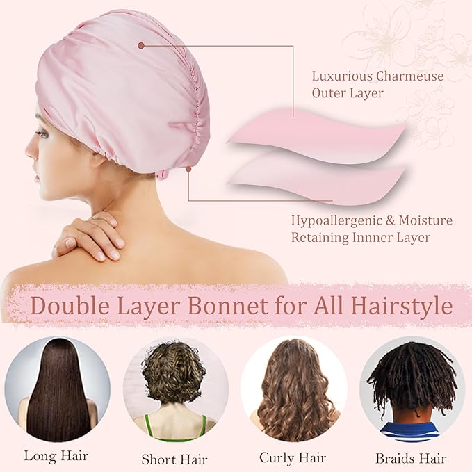 Adjustable Silk Satin Hair Bonnet for Sleeping Women, Double Layer, Hair Wrap Straight Curly Natural Hair Bonus a Scrunchie