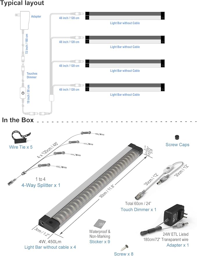 EBD LED Display Cabinet Lighting 4-Way 1.2m / 48" Splitter Parallel Connection Shelf Lights Touch Bookcase Lighting 4 Panels Counter Light Bar Energy 1800 Lm 3000K for Kitchen Pantry Garage Closet