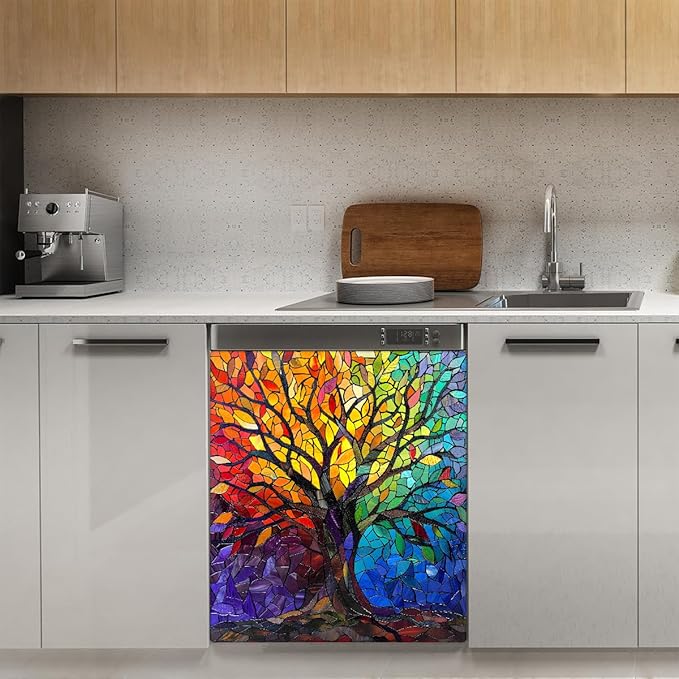 Tree of Life Spring Dishwasher Magnet Cover Tree of Life Rainbow Glass Dishwasher Decorative Cover Front Dishwasher Door Cover Reuseable Dishwasher Cover for Kitchen Home Appliances 23" X 26"