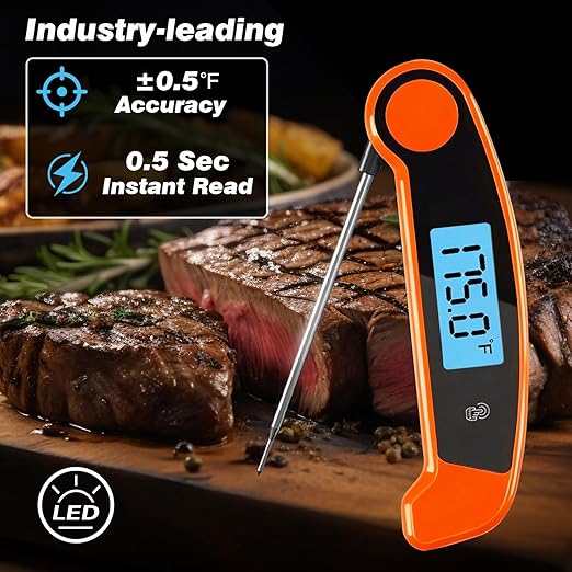 Meat Thermometer Digital Waterproof Instant Read Thermometer for Cooking Food Thermometer with Backlight & ±0.5℃ Precision Cooking Thermometer for Kitchen ℃/℉ Convertible Orange