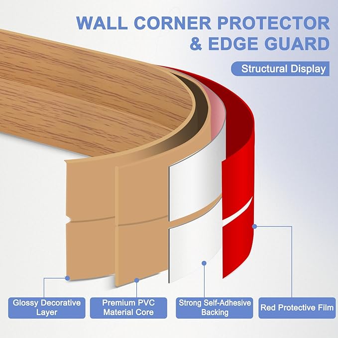 Wall Corner Protector Moulding Trim Peel and Stick Wall Corner Guards Trim Flexible Self Adhesive Edge Protector Moulding, 0.8 in x 20 Ft, Light Brown Wood