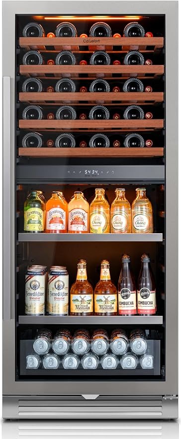 Ca'Lefort 24 Inch Wine Fridge - 112 Can & 40 Bottle Dual Zone Wine Cooler with Glass Door, 34-65°F Quiet Refrigerator with Bottom Drawer 3 LED Light Built-in for Home/Bar/Kitchen Right-Hinged Door