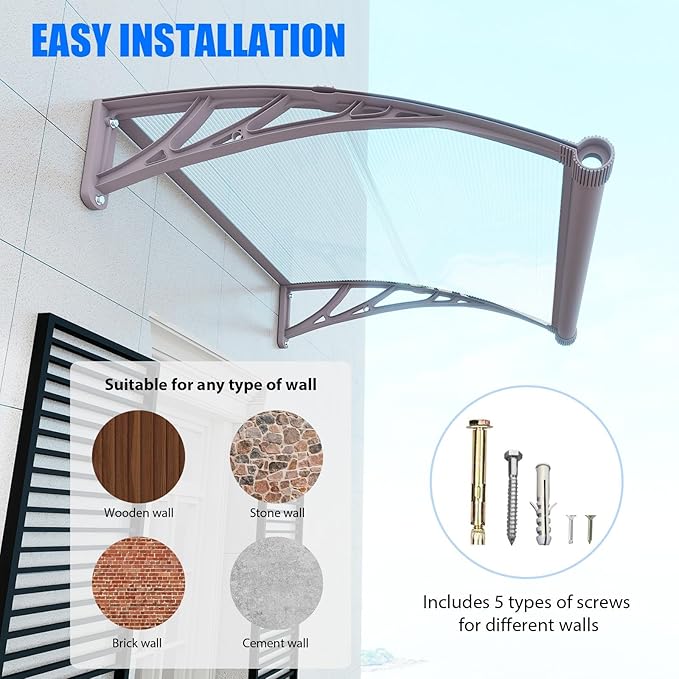 Awning for Door Entrance,40x120 Inches Awnings for Doors with Separate Drainage,Front Door Awning Exterior,Polycarbonate UV, Rain, and Snow Protection for Porch,Patio,Window,Deck