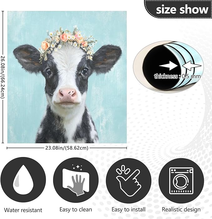 Flowers Cow Teal Dishwasher Magnet Cover for Front Panel Magnetic Dishwasher Cover Decorative Refrigerator Magnet Covers Dishwashers Magnetic Sticker for Kitchen Home, 23" x 26"