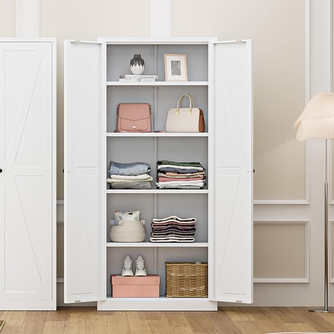 Greenvelly Metal Cabinet, 63" H White Metal Storage Cabinet with Doors and 4 Shelves, Pantry Storage Cabinet for Kitchen, Bedroom, Living Room, Office (Farmhouse)