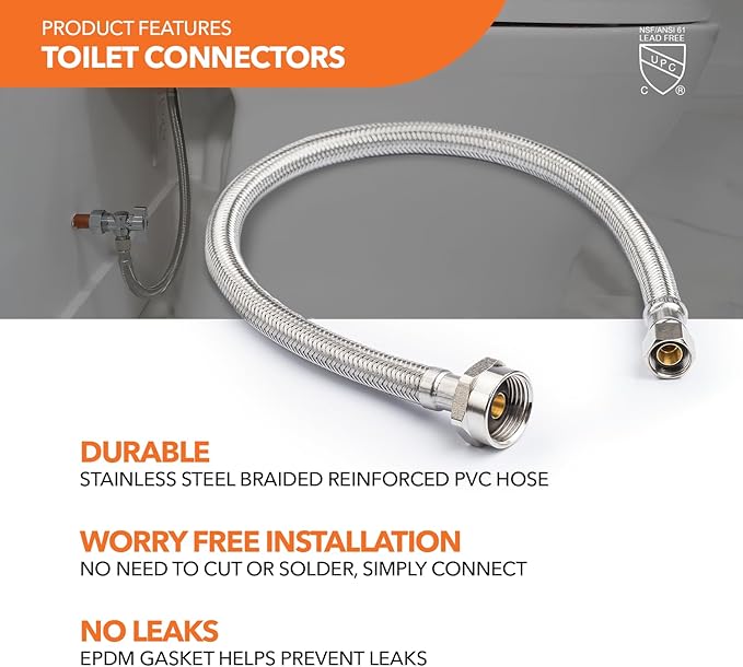 Stainless Steel Toilet Connection Kit - Braided Water Hose, 3/8" Compression x 7/8" Metal Ballcock, 20" Length (5Pack) + Supply Stop Valves, 5/8" x 3/8" Compression (5Pack)