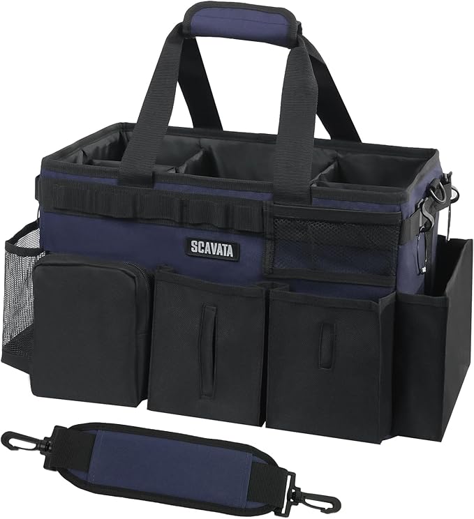 Wearable Cleaning Caddy Bag, Cleaning Caddy Supplies Organizer with Handle & Shoulder Straps for Housekeepers, Under Sink & Car Cleaning Tool Organizers with 4 Foldable Divider (DarkBlue)