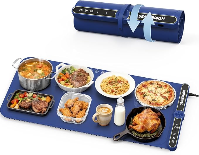 Food Warming Mat Extra Large, Rapid Heating Electric Warming Tray with 9 Temp Setting and 6 Hours Timer,Foldable Warming Trays for Food, Portable Food Warmers for Parties Buffet, Blue