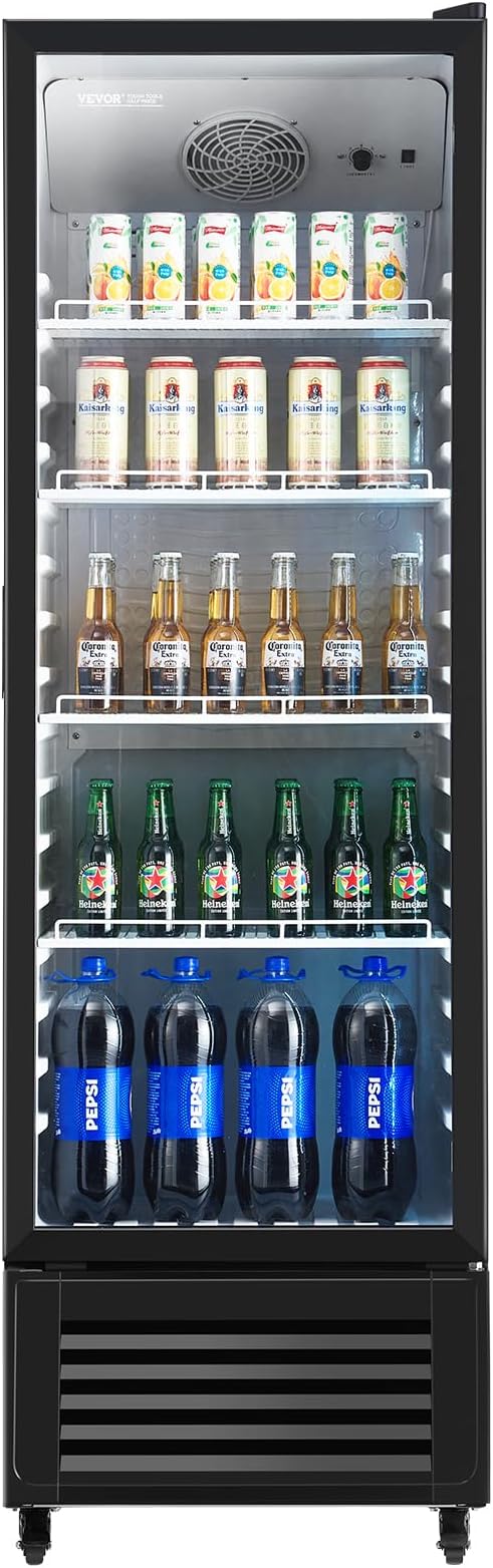 VEVOR Commercial Merchandiser Refrigerator, 11.47 CU.FT Glass Door Display Refrigerator, Upright Beverage Refrigerator Cooler Merchandiser with 4 Adjustable Shelves, Casters, Soft LED Light, Black