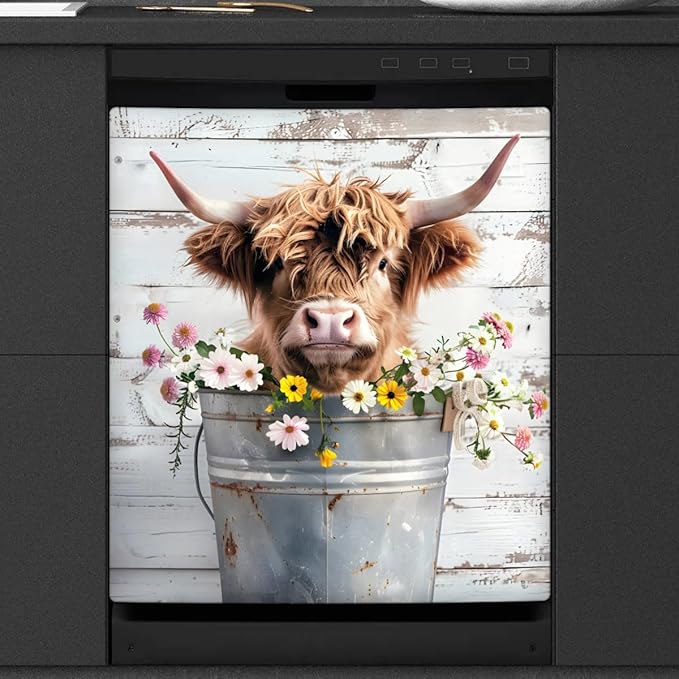 cfpolar Dishwasher Magnet Cover for The Front Dishwasher Door Cover Panel Decals Flower Cute Highland Cow Magnetic Refrigerator Cover for Kitchen Farmhouse Home Decor（23 X 26 in）