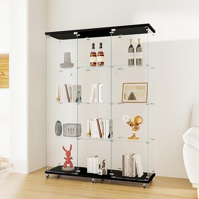 66.5" H 4-Shelf Extra Large Glass Display Cabinet with Double Doors,Modern Floor Standing Curio Cabinet Bookshelf Collection Display Case with Lockable Casters & Lock for Living Room (Black)