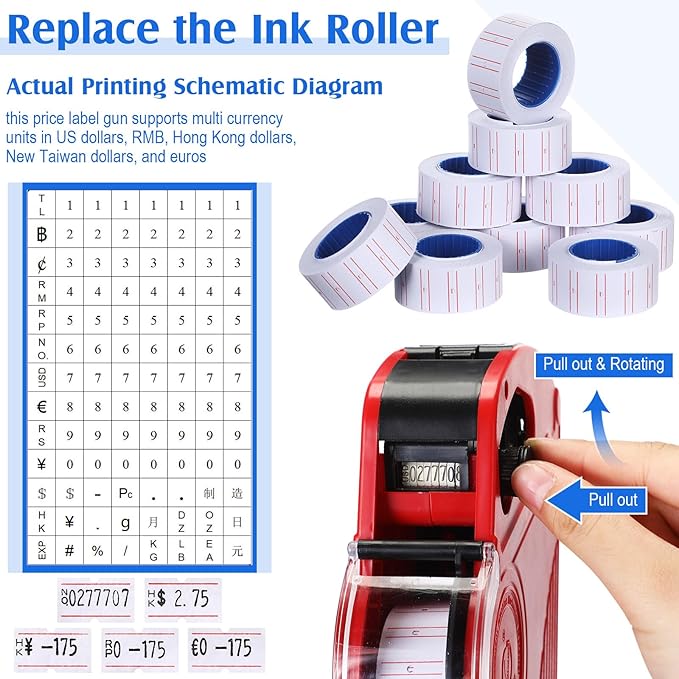 3 Pack 8 Digits Price Tag Gun Label Pricing Gun Kit with 12000 Labels & 9 Ink Rollers for Retailer Supermarket Grocery Store Food(Red, Blue, Yellow)
