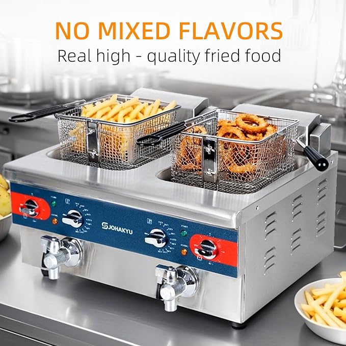 JOHAKYU Commercial Deep Fryer | Timer-Equipped Electric Fryer with Drain Valve & Swing-Up Head | 120V 3600W Stainless Steel Countertop Fryer for Home & Restaurant Use (25.4QT)