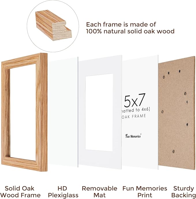 Fun Memories 5x7 Picture Frame, Solid Oak Wood 5 x 7 Frame with Plexiglass, 5 by 7 Photo Frame for Wall & Tabletop Display, 5x7 Picture Frame Matted to 4x6, Natural Oak Color, 3 Pack