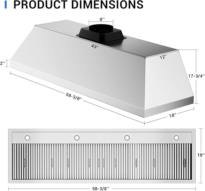 60-inch Range Hood Insert, CT Copper Tailor Built-In Vent Hood Ducted with 4-Speed Fan, 1260 CFM, LED Light, Dishwasher-safe Baffle Filter, in Stainless Steel