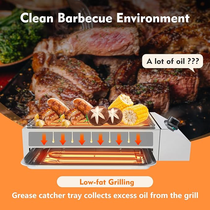 1800W 110V Countertop Electric BBQ Grill, Commercial and Home Use Stainless Steel Barbecue Griddle Adjustable Temperature 122-302℉, Portable Barbecue for Processing Pancakes, Crispy Bacon