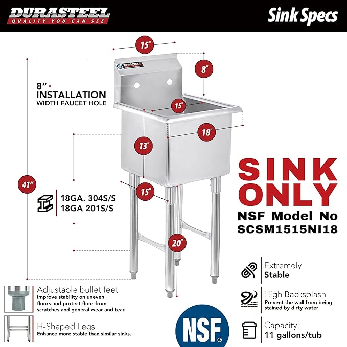 DuraSteel 304 Commercial Stainless Steel Utility Sink - 15 Inch Tub Freestanding Prep Kitchen Sink - NSF Hand Wash Station for Kitchen Sinks, Outdoor, Laundry Room, Garage Slop Small Kitchenette