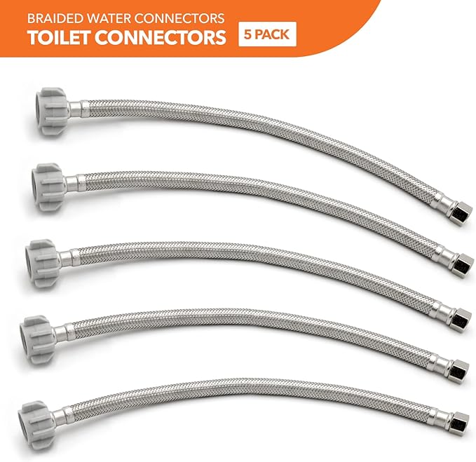 Stainless Steel Braided Water Connectors with Reinforced PVC Inner Hose for Toilets, 3/8" Compression x 7/8" Ballcock, 20" Length (5Pack)