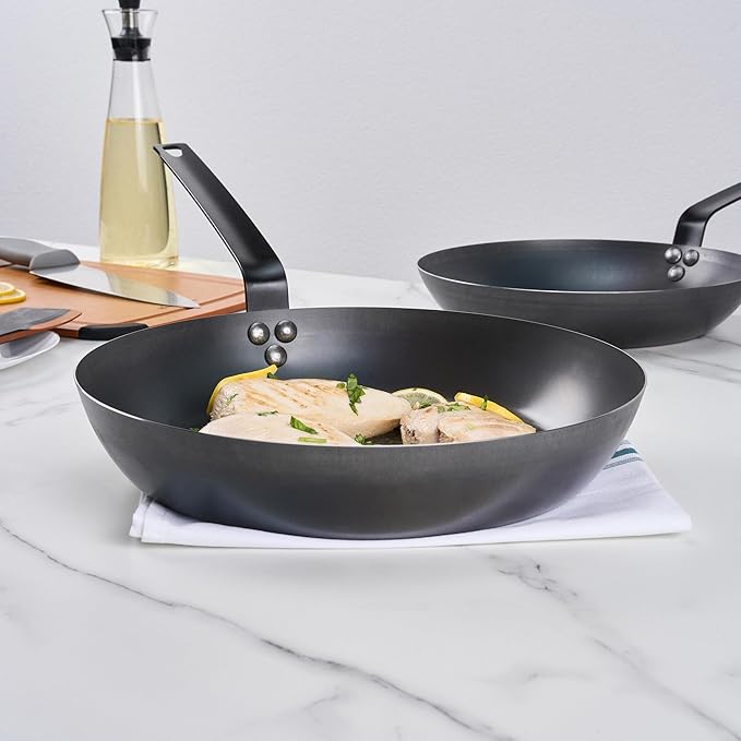 Restaurantware-Met Lux 13 Inch Fry Pans, 6 Lightweight Frying Pans - Induction-Ready, Triple-Riveted, Black Carbon Steel Cooking Skillets, Durable, For Searing, Sauteing, And Browning Food