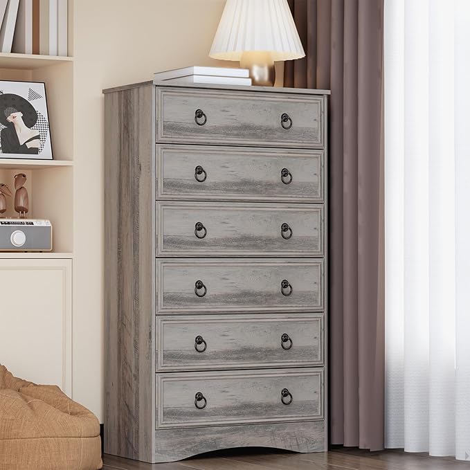 6 Drawer Dresser Tall, 52" Tall Grey Dresser for Bedroom, Chest of Drawers, Large Storage Organizer for Clothes, Grey Vintage, for Living Room, Bedroom, Hallway