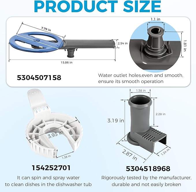 Upgraded 5304507158 Dishwasher Lower Spray Arm Assembly with 5304518968 Lower Wash Arm Support 154252701 Drain Trap Assembly Fit for Frigi-daire Replaces 5304498139 154821902 Ap6036393 by Romalon