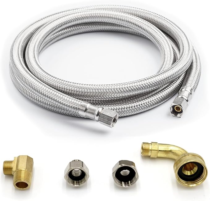 Universal Dishwasher Installation Kit, 3/8" Compression, 6ft long Braided Stainless Steel Hose + 3/4" Hose Bibb Elbow + 3/8" Compression Elbow & Compression Adaptor + 1/2" Compression Adaptor