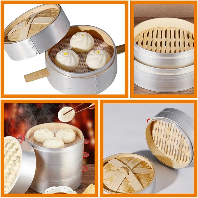 Steamer Basket Set with Aluminum Rim and Double Handles 20cm Mini Food Steamer for Dumplings and Vegetables for Home and Commercial Cooking