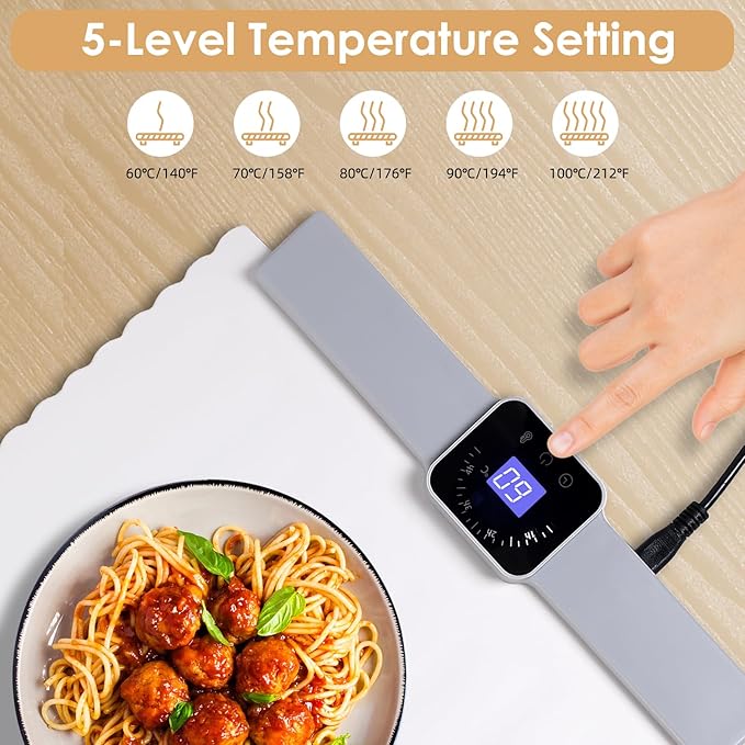 Food Warming Mat - 5 Temperature Settings, 4-Hour Timer, Child Lock, Flexible Silicone, Easy Clean, Multi-Use, Perfect for Home, Parties, and Picnics