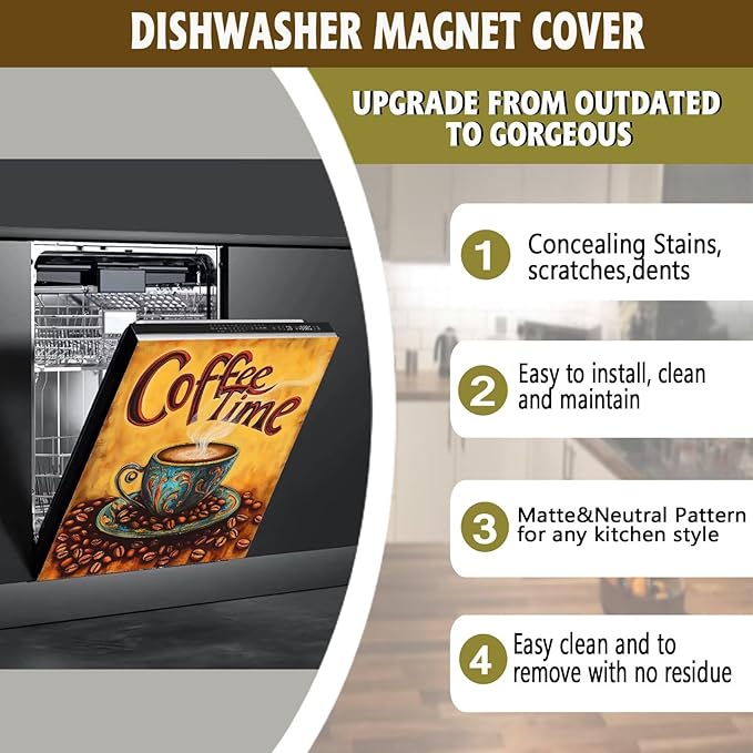 Retro Coffee Time Dishwasher Magnet Cover,Vintage-Style Coffee Beans Magnetic Dishwasher Cover Vinyl Sticker,Fridge Door Cover Magnets Art Skin Panel Decal,Home Decor Decal,23"X26"