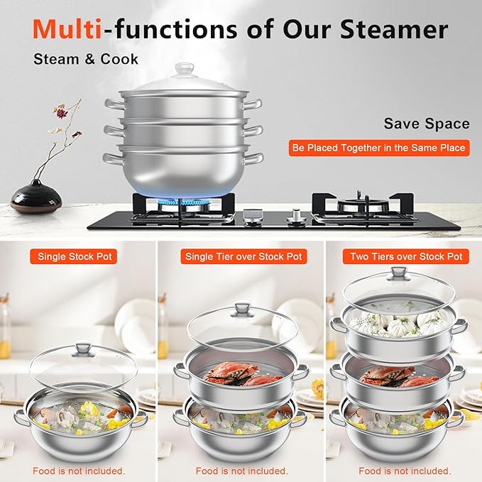 Steamer 28cm/11.02in, 3-tier Polished Stainless Steel Steam Cooker w/Clear Glass Lid & Handles, Round Stackable Multipurpose Steam Pot for All Stoves, 12.8 * 9.84in (1xBottom Pot, 2xSteamer Baskets)