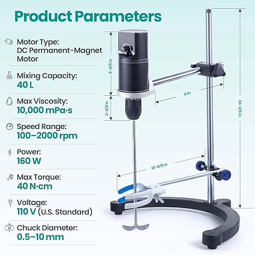 Lab Overhead Stirrer - 40L Capacity Digital Mixer, 100-2000 RPM Variable Speed, High Viscosity 10000mPa·s, Brushless Motor with Support Stand & Dual Stirring Rods