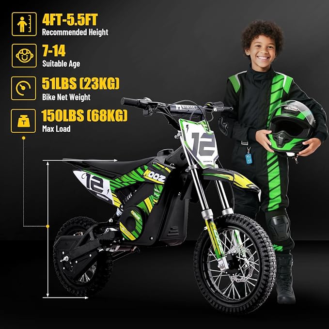 KOOZ HP112E 36V 1000W Electric Dirt Bike for Kids, 3 Speed Modes Teen Electric Motorcycle Up to 18 MPH & 15 Miles Long-Range, Dual Suspension & Disc Brake, 16" Sturdy Tire for Kids Teenagers