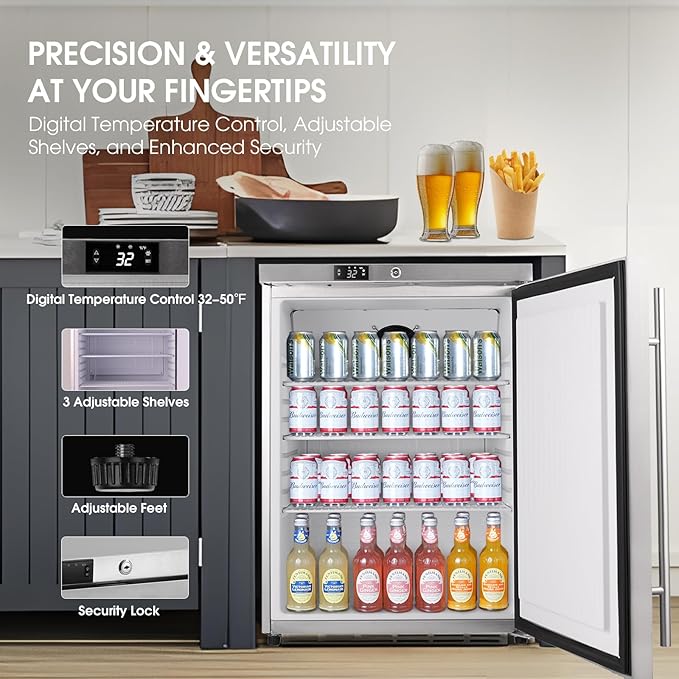 HCK Under Counter Refrigerator, Outdoor Fridge 24 Inch with Stainless Steel Door, Commercial Kitchen Food Refrigerator 5.4 Cu.Ft Capacity for Home Kitchen, Patio, Outdoor, and Food Service Use