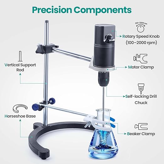 Lab Overhead Stirrer - 40L Capacity Digital Mixer, 100-2000 RPM Variable Speed, High Viscosity 10000mPa·s, Brushless Motor with Support Stand & Dual Stirring Rods