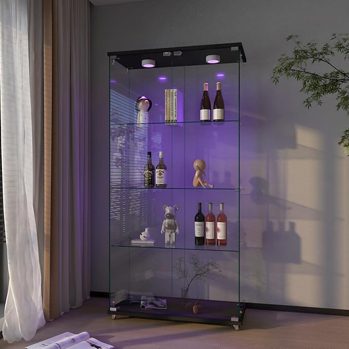 Yoluckea 4-Shelf Glass Display Cabinet with LED Lights, 2-Door Floor Standing Curio Cabinet with Universal Wheel for Home or Office, Black Glass Bookshelf for Collections, Decor, and Corner Display