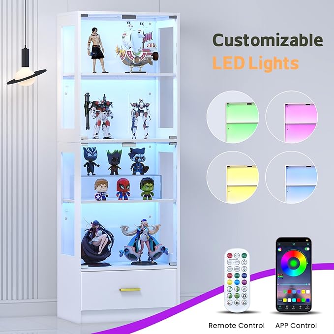 Display Cabinet with Glass Doors - 67" Curio Cabinet with RGB LED Lights and Drawer for Collectibles, 4 Tier Glass Display Case for Living Room, Office, White (Narrow)