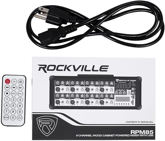 Rockville RPM85 2400W Powered 8 Channel Mixer, Bluetooth, USB/SD, 5 Band EQ, Adjustable Echo/Delay, +15V Phantom Power, for Live Music and Events