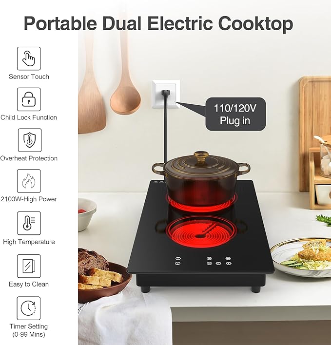 Electric Cooktop,Built-in and Countertop Electric Stove Top, 2100W 110V Electric Burner 9 Heating Level, Timer & Kid Safety Lock, Sensor Touch Control 2 Burner Electric Cooktop.