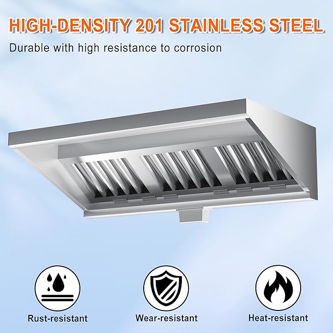 5FT Commercial Kitchen Exhaust Hood Food Truck Vent Hood Durable Stainless Steel Concession Trailer Hood with 3 Removable Hood Filters (No Motor), NSF Listed