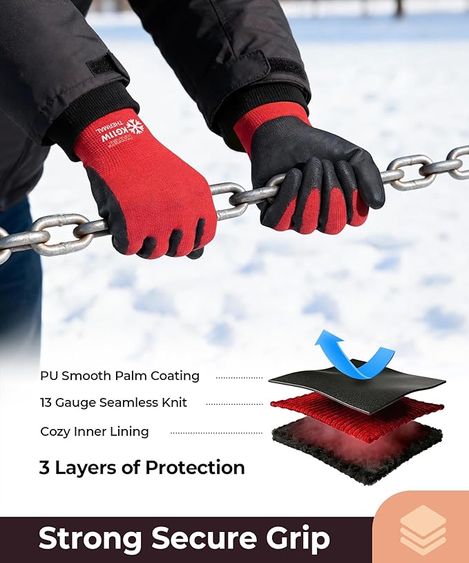 KAYGO Winter Work Gloves for Men and Women, 12 Pairs Thermal Insulated Safety Work Gloves PU Coated, Smooth Grip on Palm & Fingers,Ideal for Freezer Work,Red,S