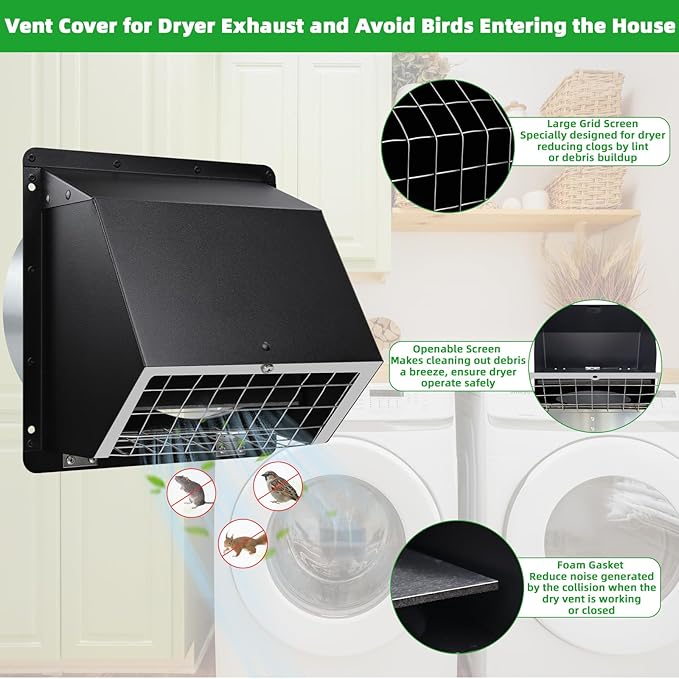 6" Wall Vent with Screen & Flap,Dryer Vent Cover Outside 6 Inch Vent Cover Exterior Wall Vent Hood,Outdoor Dryer Exhaust Vent Cover for Kitchen Bathroom Exhaust Fan,Range Hood,Laundry Air Ventilation