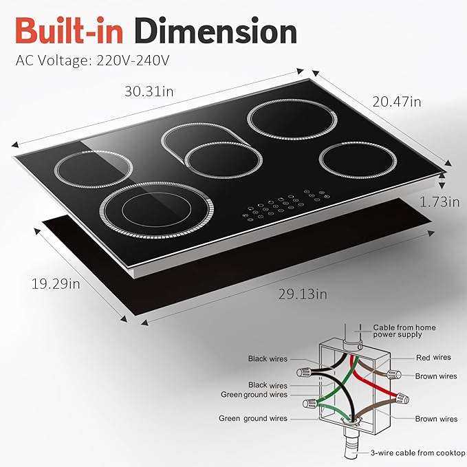 30 Inch Electric Cooktop, 5 Burner Electric Stove Top Touch Control, 8400W Built-in Ceramic Stovetop Burner 30" with Expandable Zone, Child Lock, Timer, Overheat Alert, 220-240v Hardwired