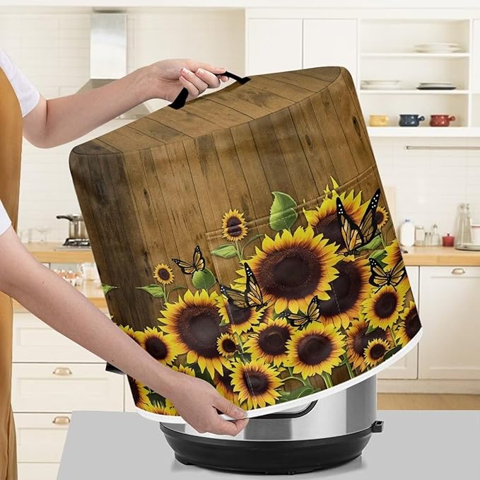 Flashideas Sunflower Butterfly Pressure Cooker Cover for 8 Quart Instant Pot and Air Fryer Accessories, Stain Resistant Washable Round Protective Cover Electric Appliance Cover with Front Pocket