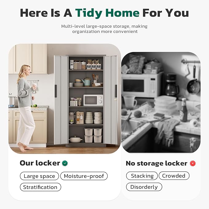 Greenvelly Metal Storage Cabinet, 63" H Locking Metal Storage Cabinet with Doors and 4 Shelves, Lockable Steel Cabinets for Kitchen, Bedroom, Living Room, Office (White Grey)